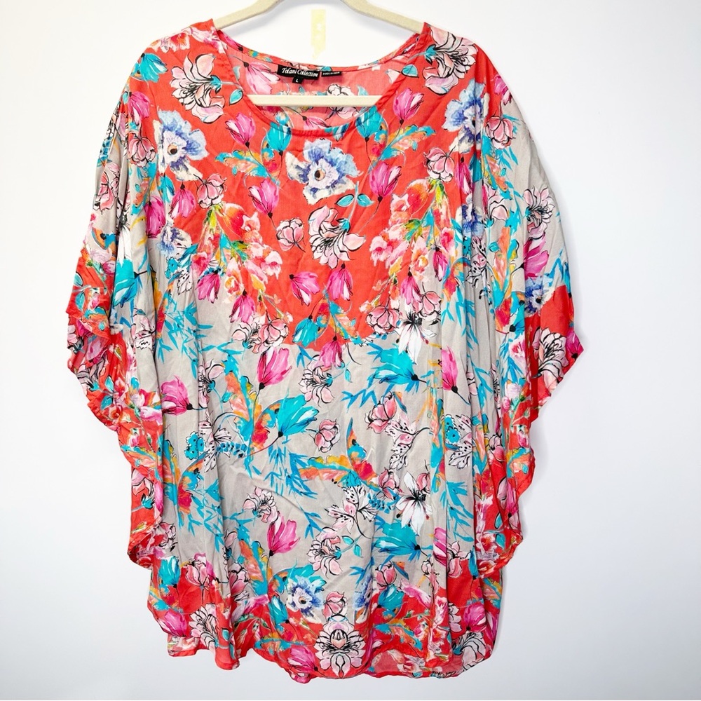 Tolani Collection Narissa Colorful Floral Caftan Tunic Top Boho Size Large Pink